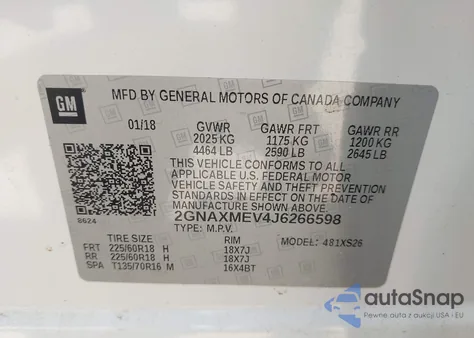 2018 Chevrolet Equinox Premier из США, поврежденный, VIN 2GNAXMEV4J6266598